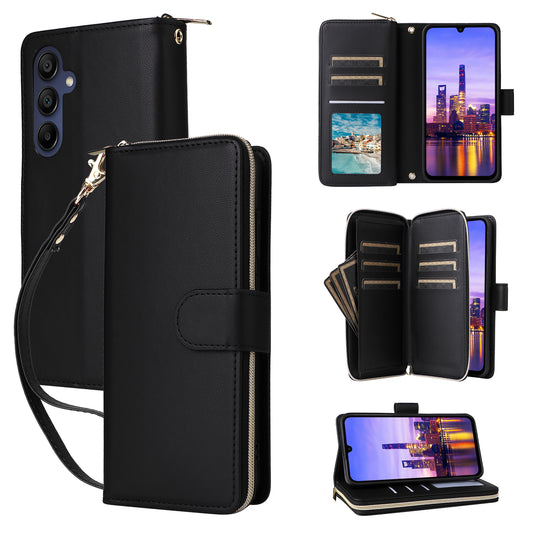 R20 For Samsung Galaxy A16 5G / A16 4G Case Zipper Pocket PU Leather Cover with 9 Card Slots - Black