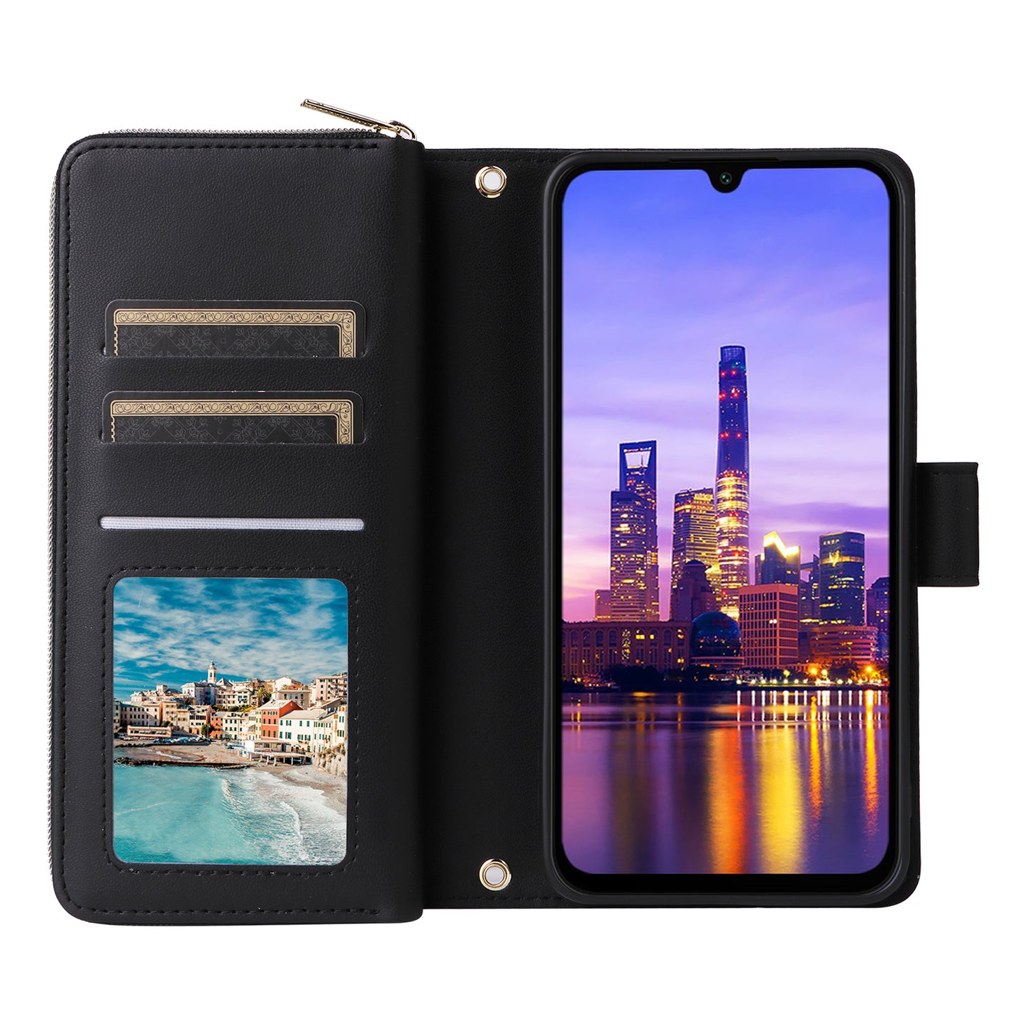 R20 For Samsung Galaxy A16 5G / A16 4G Case Zipper Pocket PU Leather Cover with 9 Card Slots - Black