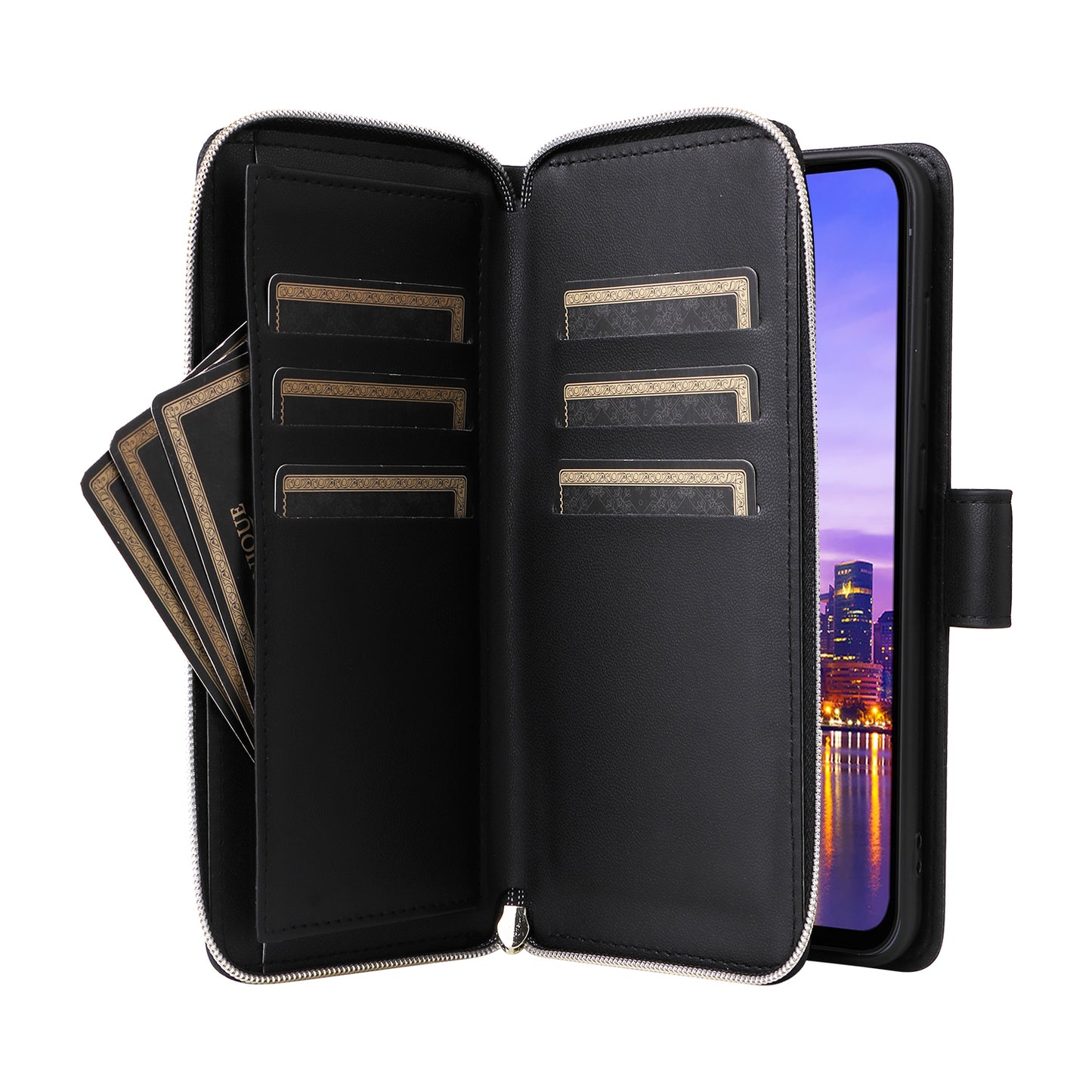 R20 For Samsung Galaxy A16 5G / A16 4G Case Zipper Pocket PU Leather Cover with 9 Card Slots - Black