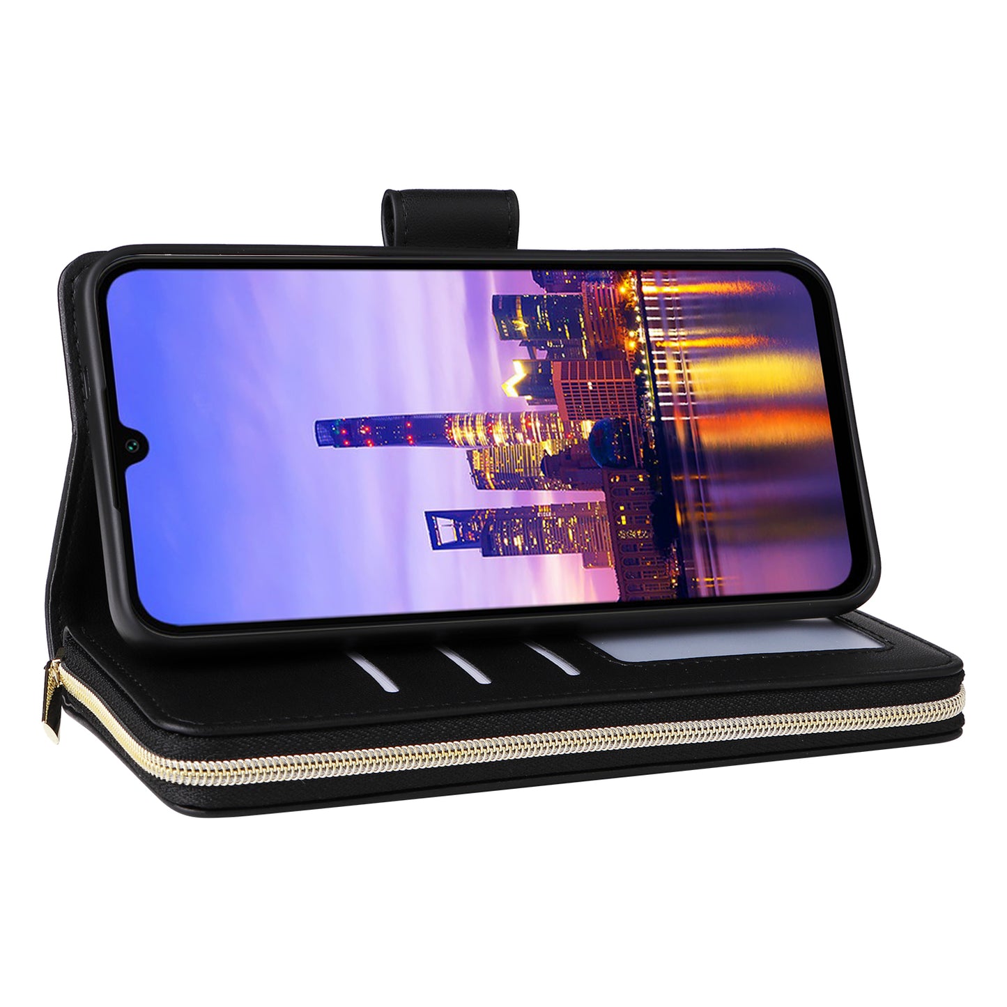R20 For Samsung Galaxy A16 5G / A16 4G Case Zipper Pocket PU Leather Cover with 9 Card Slots - Black