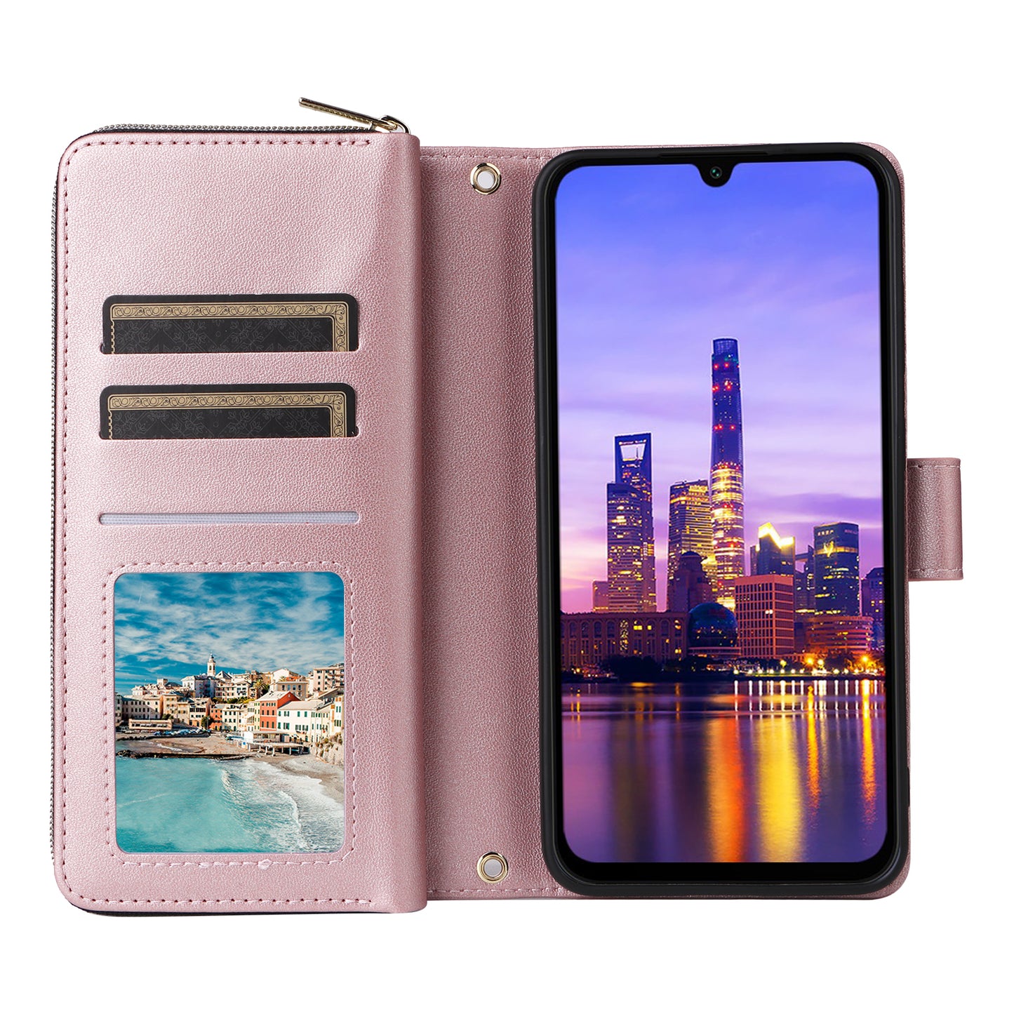 R20 For Samsung Galaxy A16 5G / A16 4G Case Zipper Pocket PU Leather Cover with 9 Card Slots - Rose Gold
