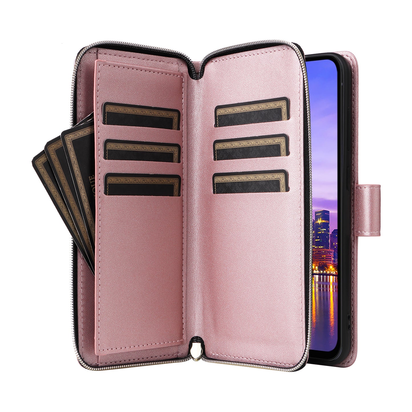 R20 For Samsung Galaxy A16 5G / A16 4G Case Zipper Pocket PU Leather Cover with 9 Card Slots - Rose Gold