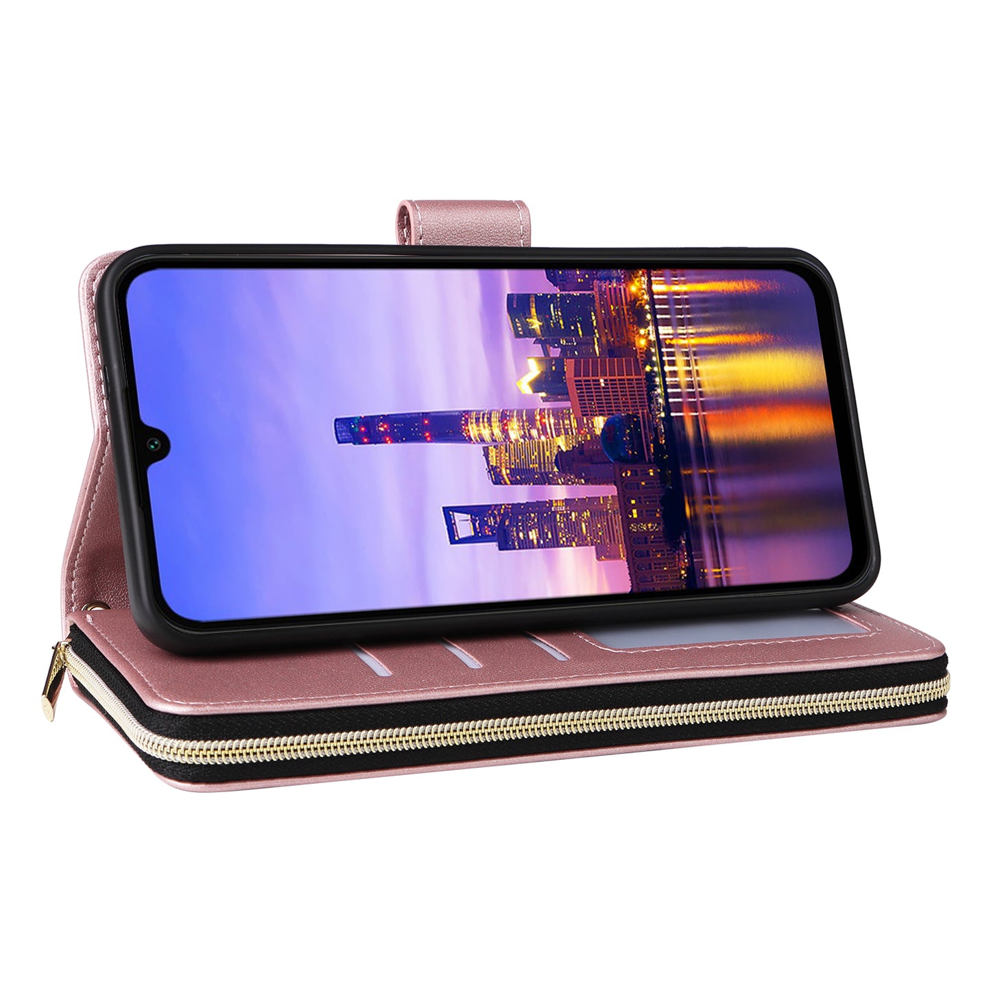 R20 For Samsung Galaxy A16 5G / A16 4G Case Zipper Pocket PU Leather Cover with 9 Card Slots - Rose Gold