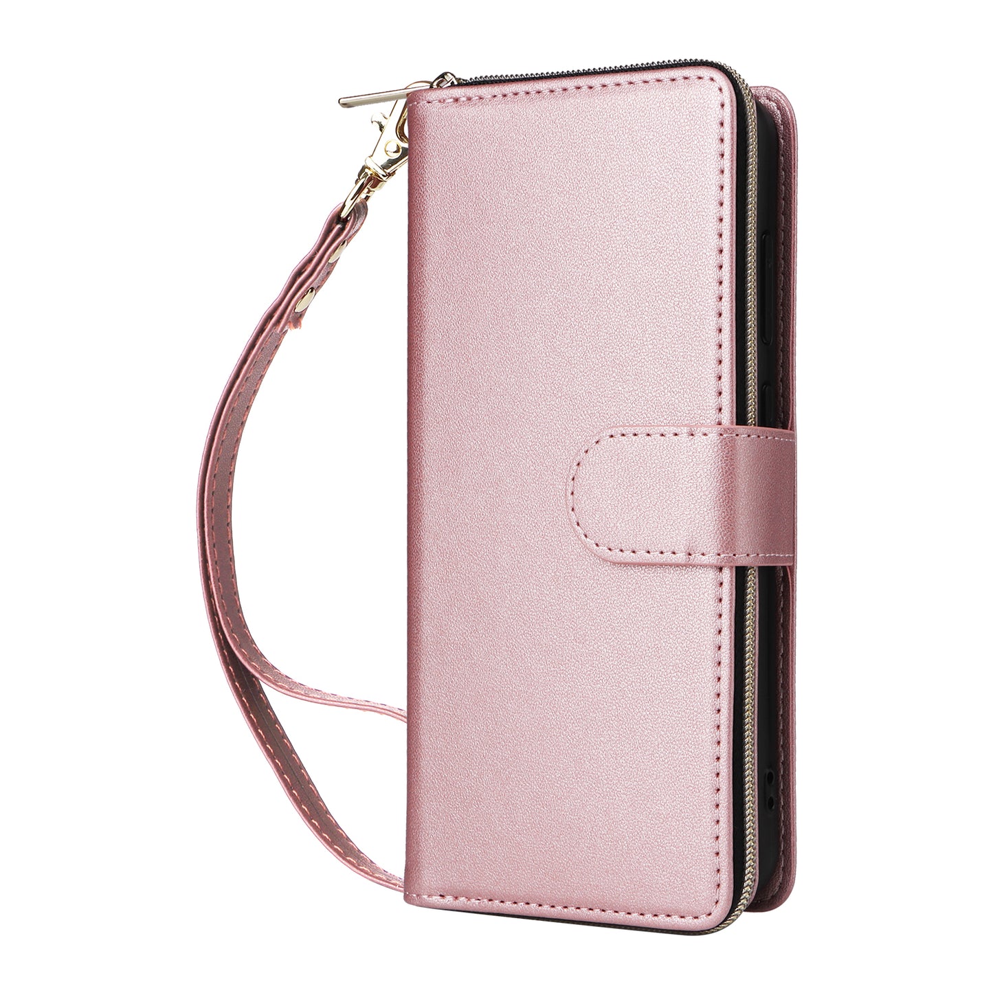 R20 For Samsung Galaxy A16 5G / A16 4G Case Zipper Pocket PU Leather Cover with 9 Card Slots - Rose Gold