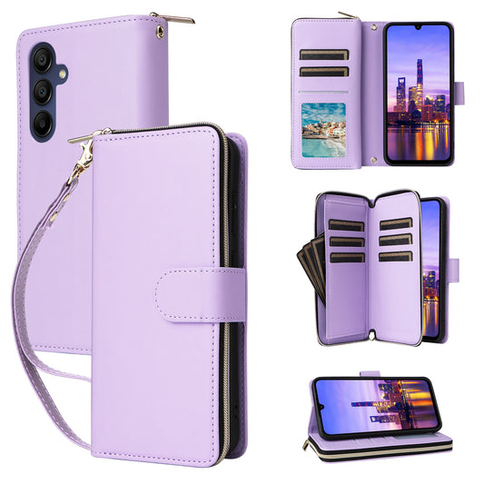 R20 For Samsung Galaxy A16 5G / A16 4G Case Zipper Pocket PU Leather Cover with 9 Card Slots - Light Purple
