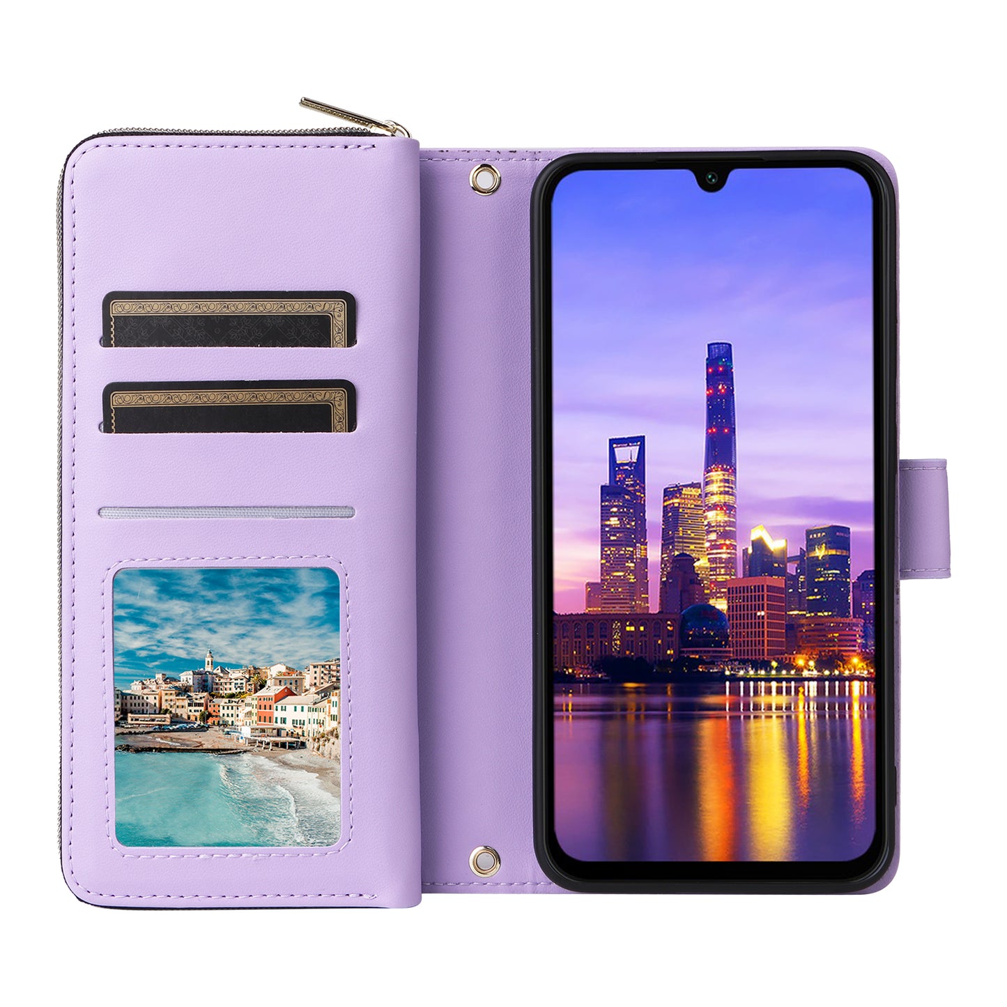 R20 For Samsung Galaxy A16 5G / A16 4G Case Zipper Pocket PU Leather Cover with 9 Card Slots - Light Purple