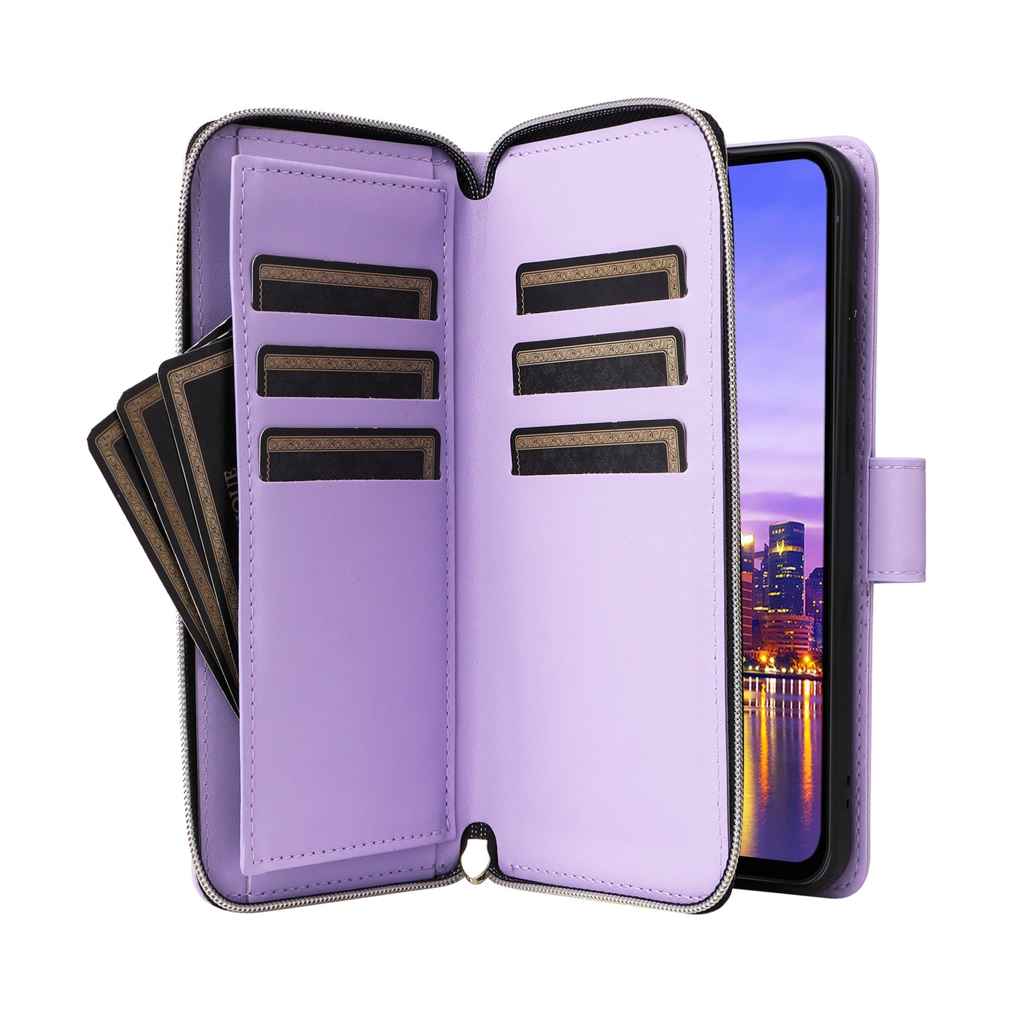 R20 For Samsung Galaxy A16 5G / A16 4G Case Zipper Pocket PU Leather Cover with 9 Card Slots - Light Purple