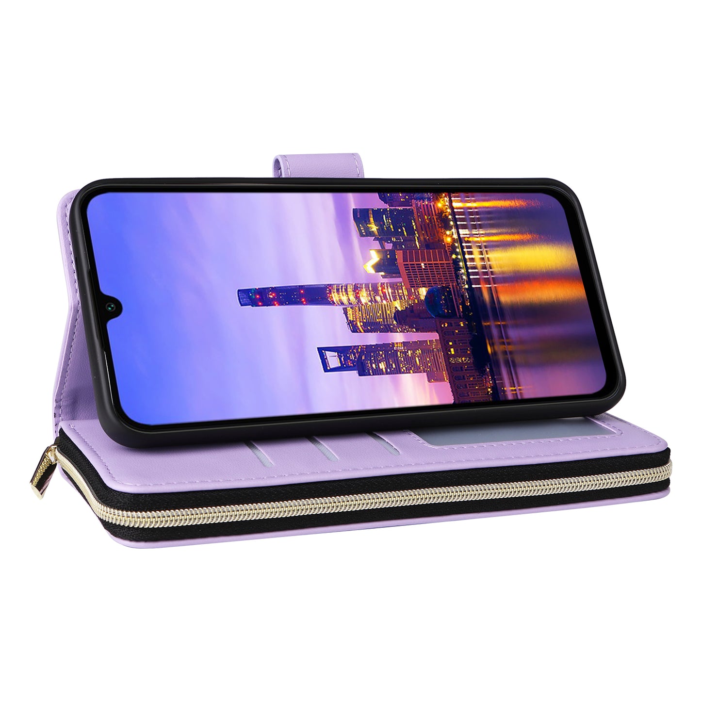 R20 For Samsung Galaxy A16 5G / A16 4G Case Zipper Pocket PU Leather Cover with 9 Card Slots - Light Purple