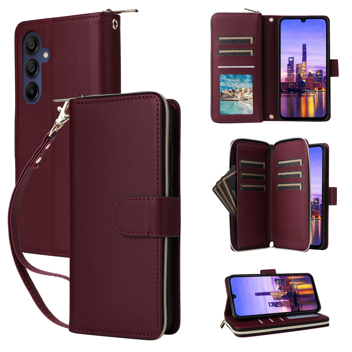 R20 For Samsung Galaxy A16 5G / A16 4G Case Zipper Pocket PU Leather Cover with 9 Card Slots - Wine Red