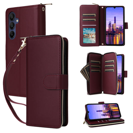 R20 For Samsung Galaxy A16 5G / A16 4G Case Zipper Pocket PU Leather Cover with 9 Card Slots - Wine Red