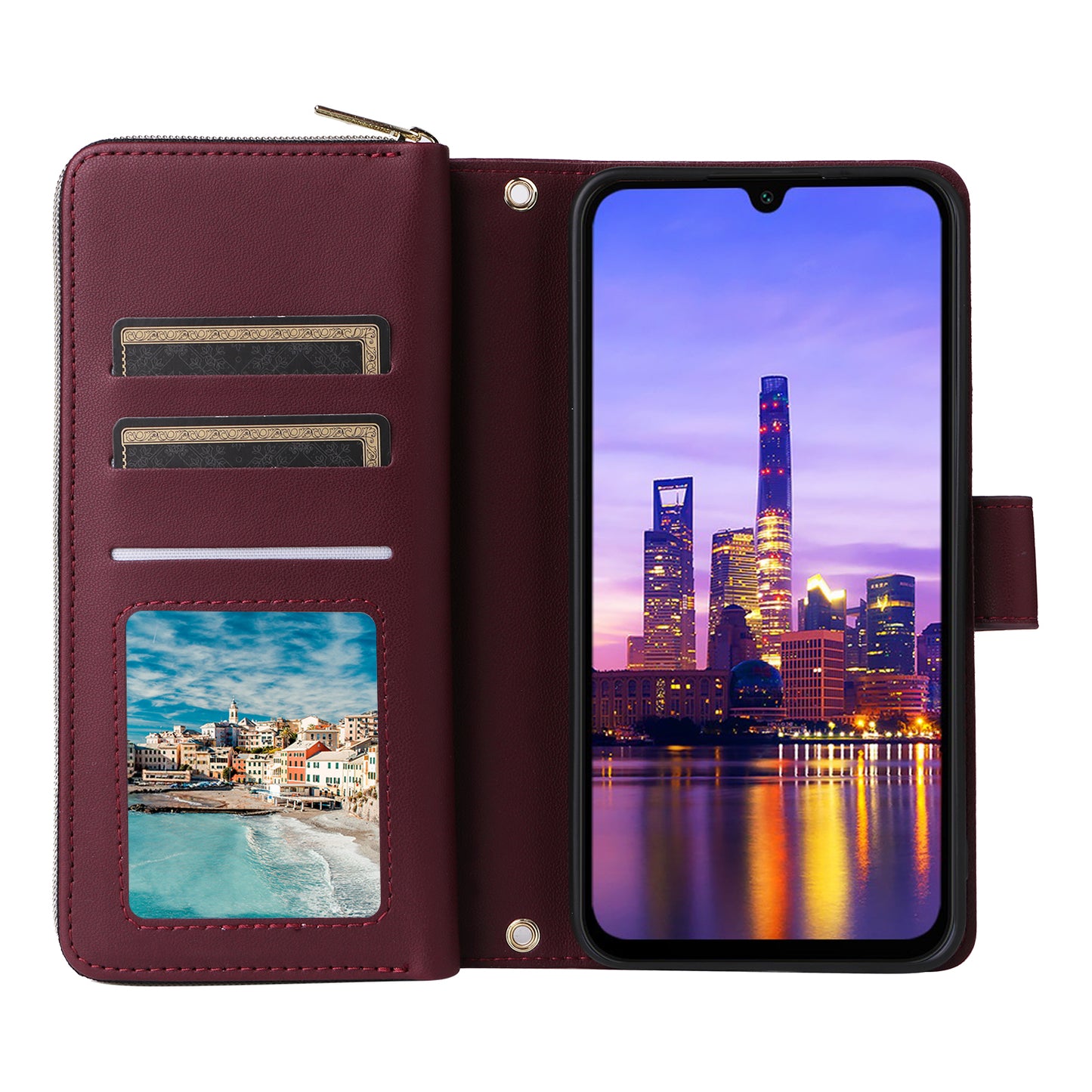 R20 For Samsung Galaxy A16 5G / A16 4G Case Zipper Pocket PU Leather Cover with 9 Card Slots - Wine Red
