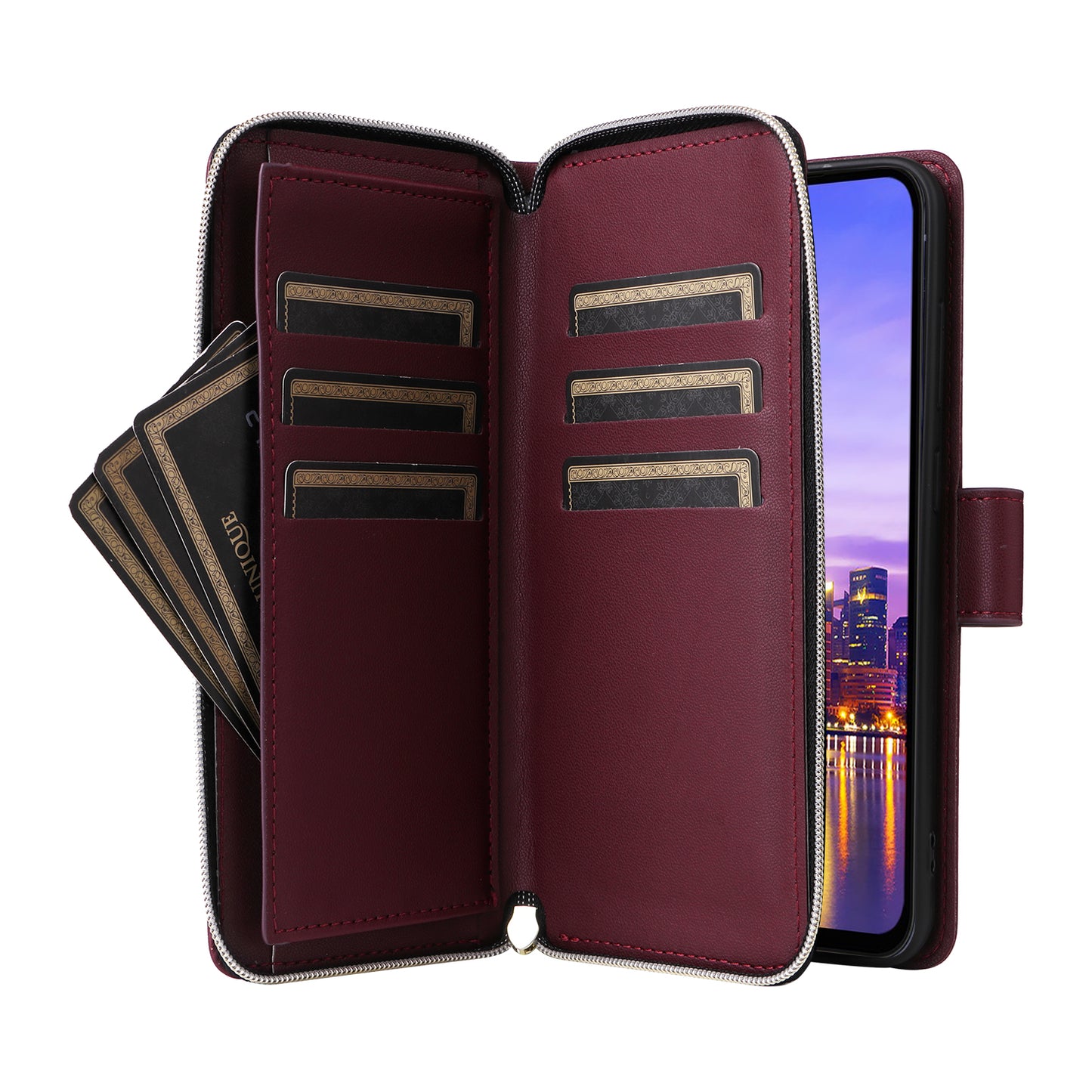 R20 For Samsung Galaxy A16 5G / A16 4G Case Zipper Pocket PU Leather Cover with 9 Card Slots - Wine Red