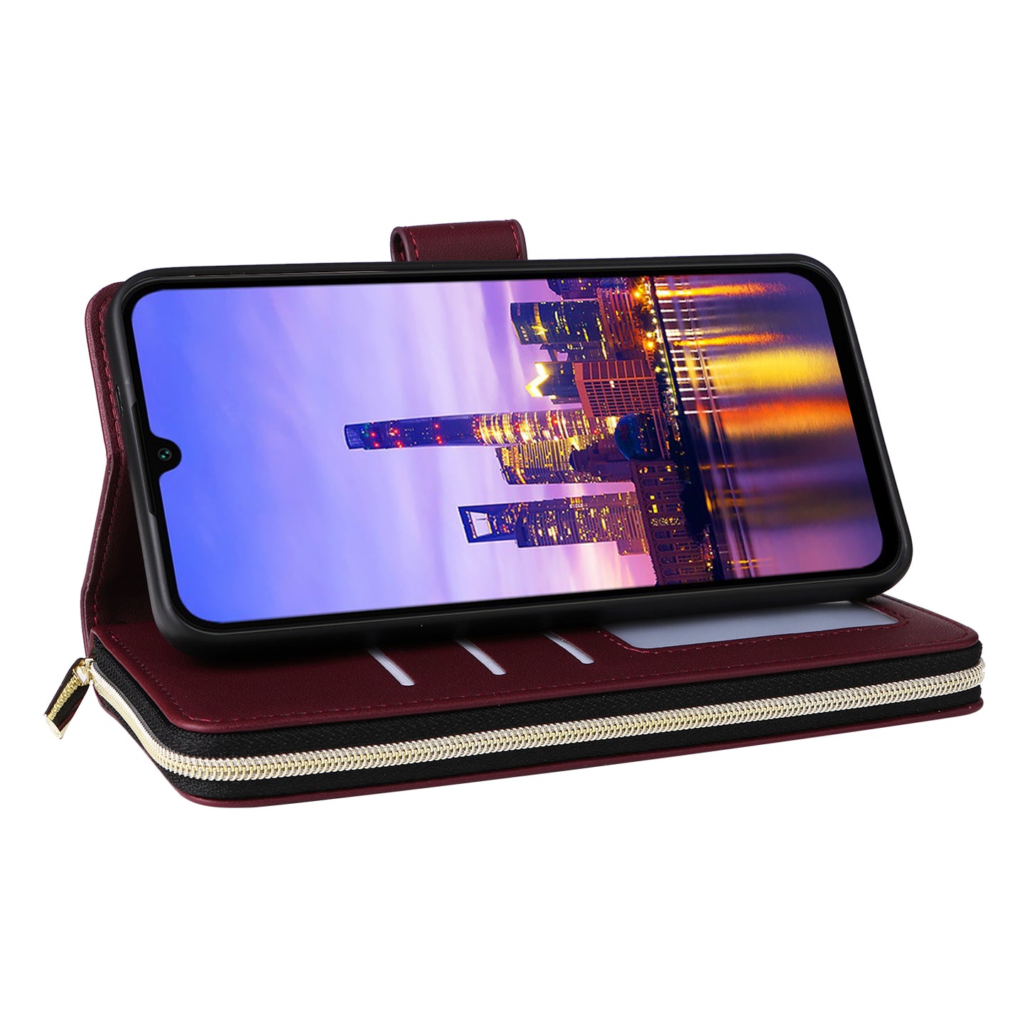 R20 For Samsung Galaxy A16 5G / A16 4G Case Zipper Pocket PU Leather Cover with 9 Card Slots - Wine Red