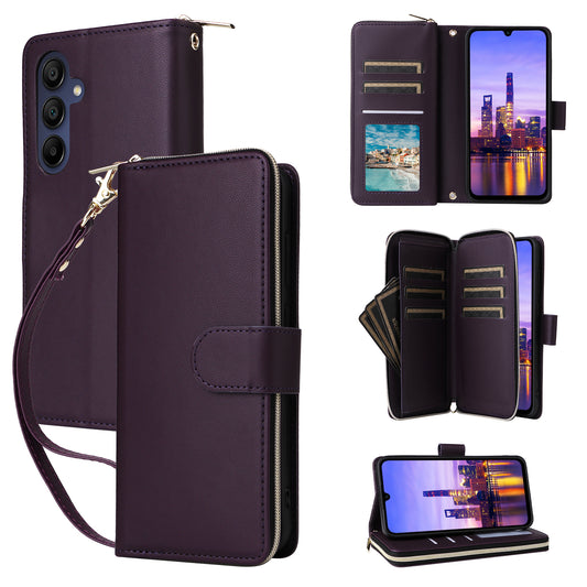R20 For Samsung Galaxy A16 5G / A16 4G Case Zipper Pocket PU Leather Cover with 9 Card Slots - Dark Purple