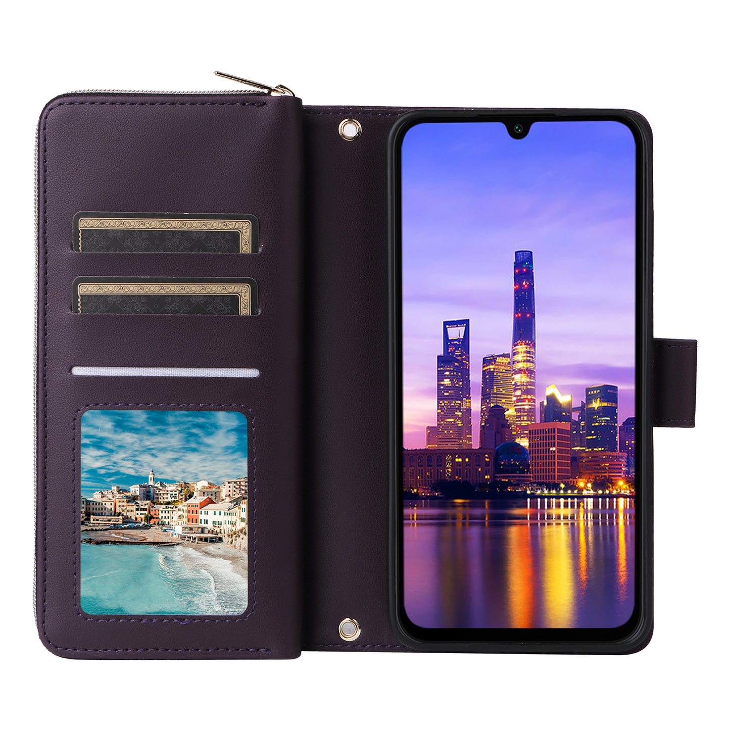 R20 For Samsung Galaxy A16 5G / A16 4G Case Zipper Pocket PU Leather Cover with 9 Card Slots - Dark Purple