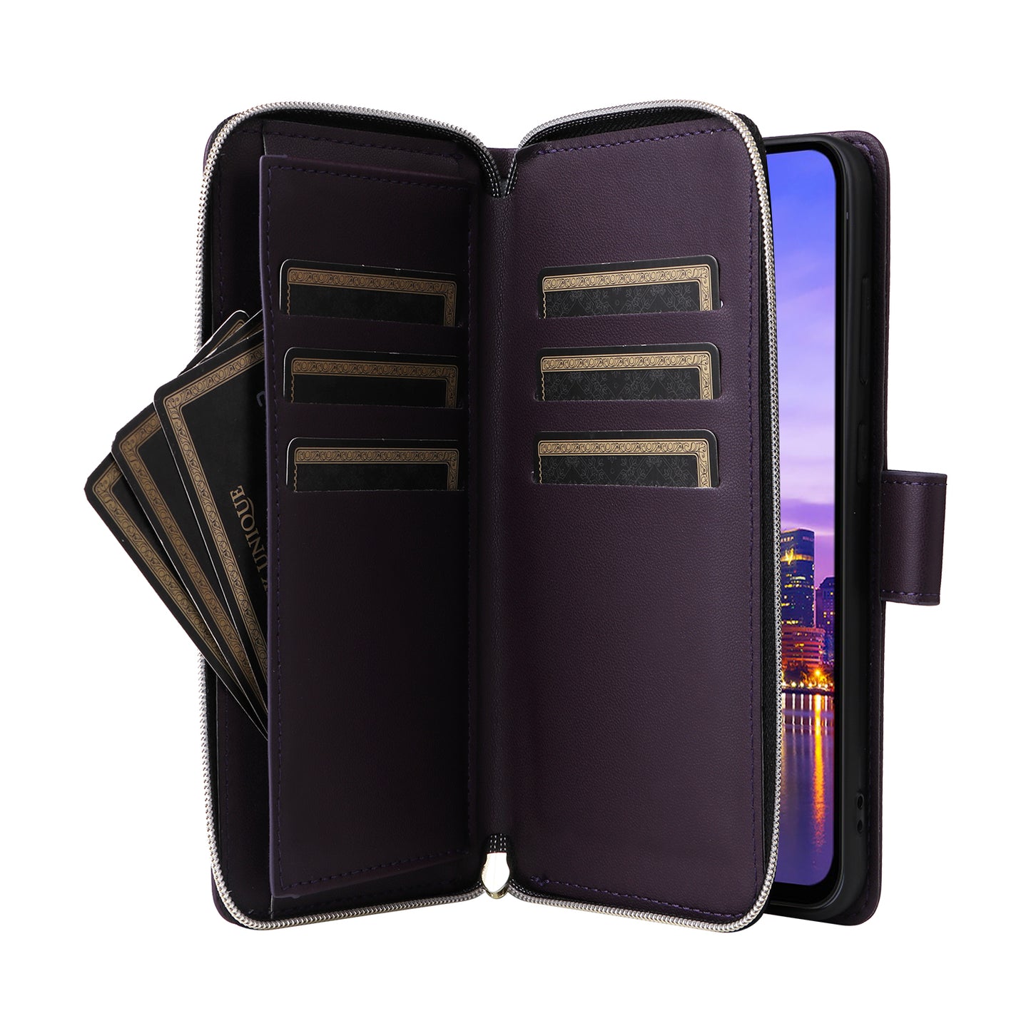 R20 For Samsung Galaxy A16 5G / A16 4G Case Zipper Pocket PU Leather Cover with 9 Card Slots - Dark Purple