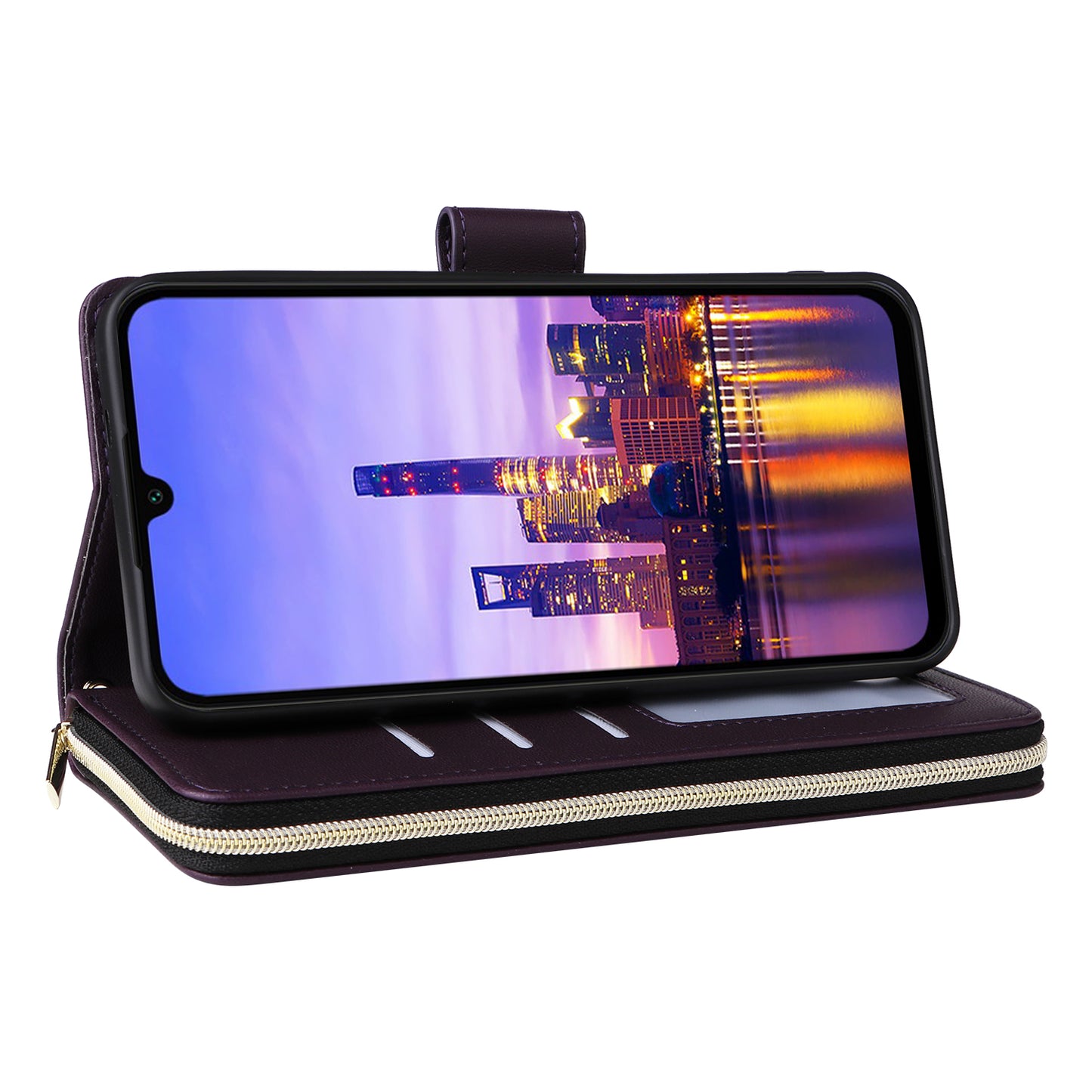 R20 For Samsung Galaxy A16 5G / A16 4G Case Zipper Pocket PU Leather Cover with 9 Card Slots - Dark Purple