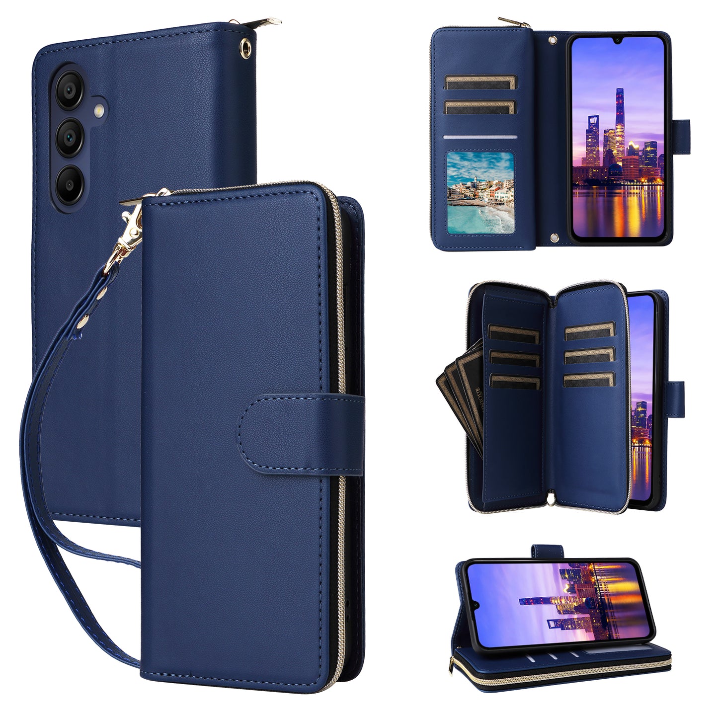 R20 For Samsung Galaxy A16 5G / A16 4G Case Zipper Pocket PU Leather Cover with 9 Card Slots - Blue