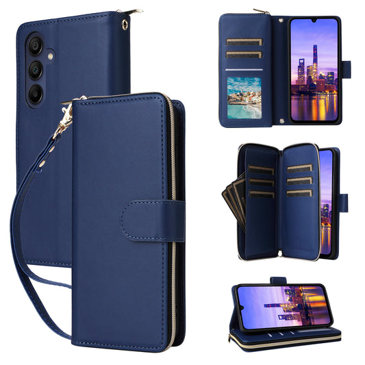 R20 For Samsung Galaxy A16 5G / A16 4G Case Zipper Pocket PU Leather Cover with 9 Card Slots - Blue