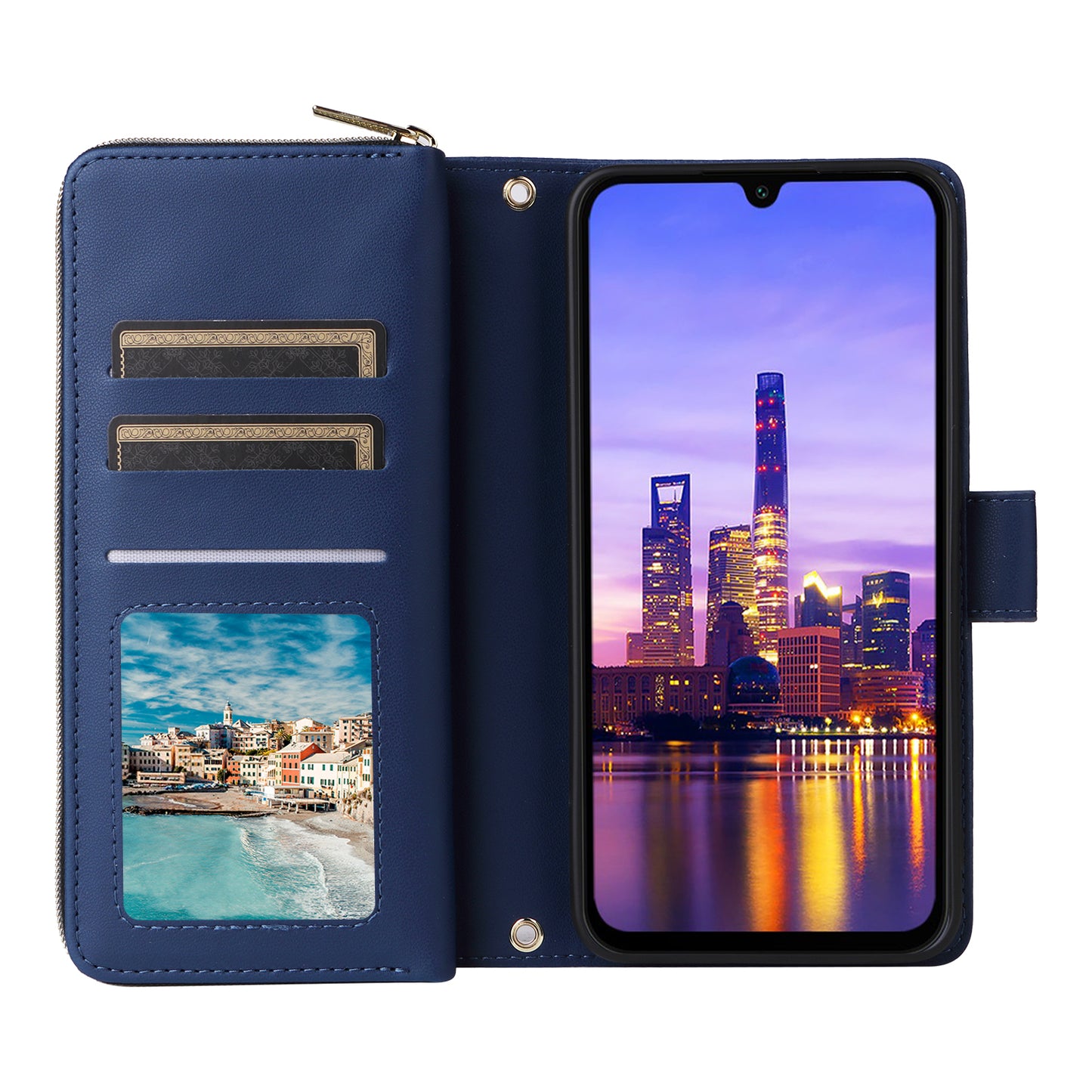 R20 For Samsung Galaxy A16 5G / A16 4G Case Zipper Pocket PU Leather Cover with 9 Card Slots - Blue