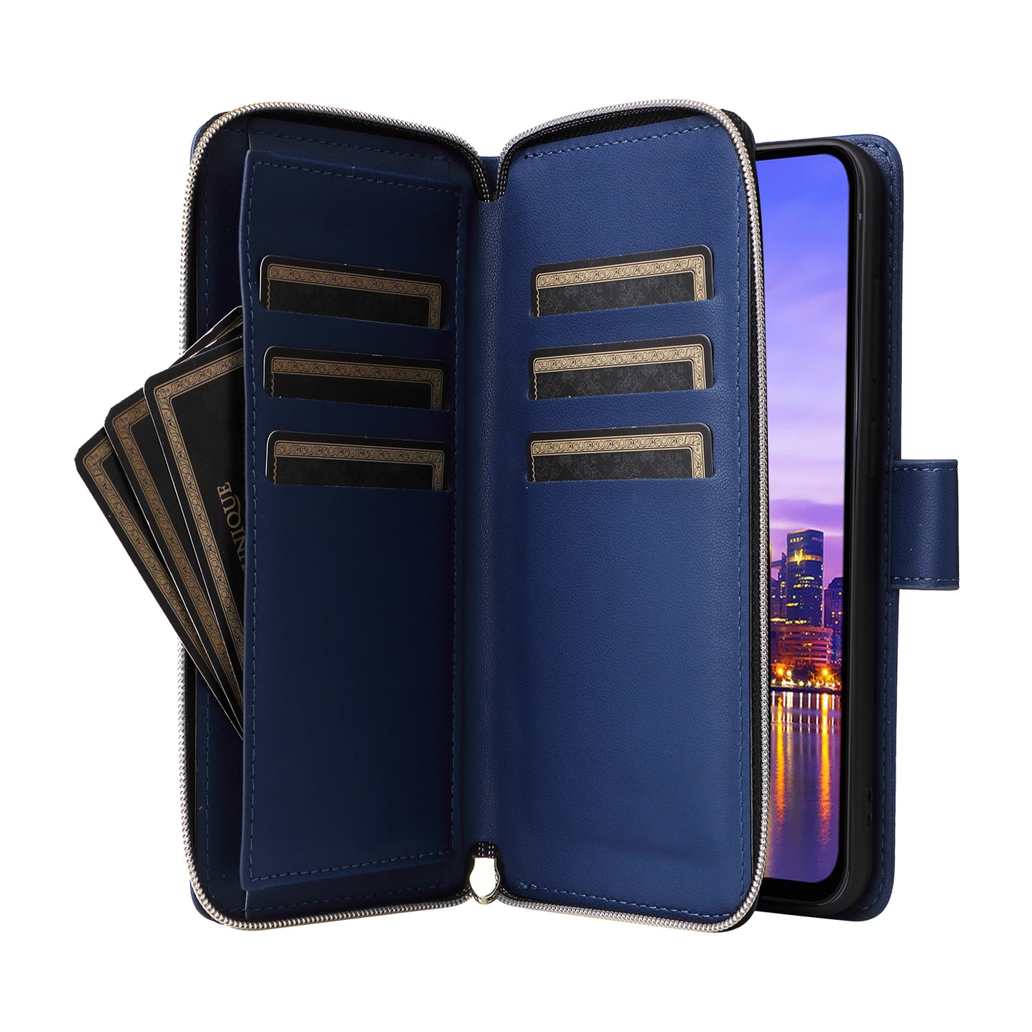 R20 For Samsung Galaxy A16 5G / A16 4G Case Zipper Pocket PU Leather Cover with 9 Card Slots - Blue