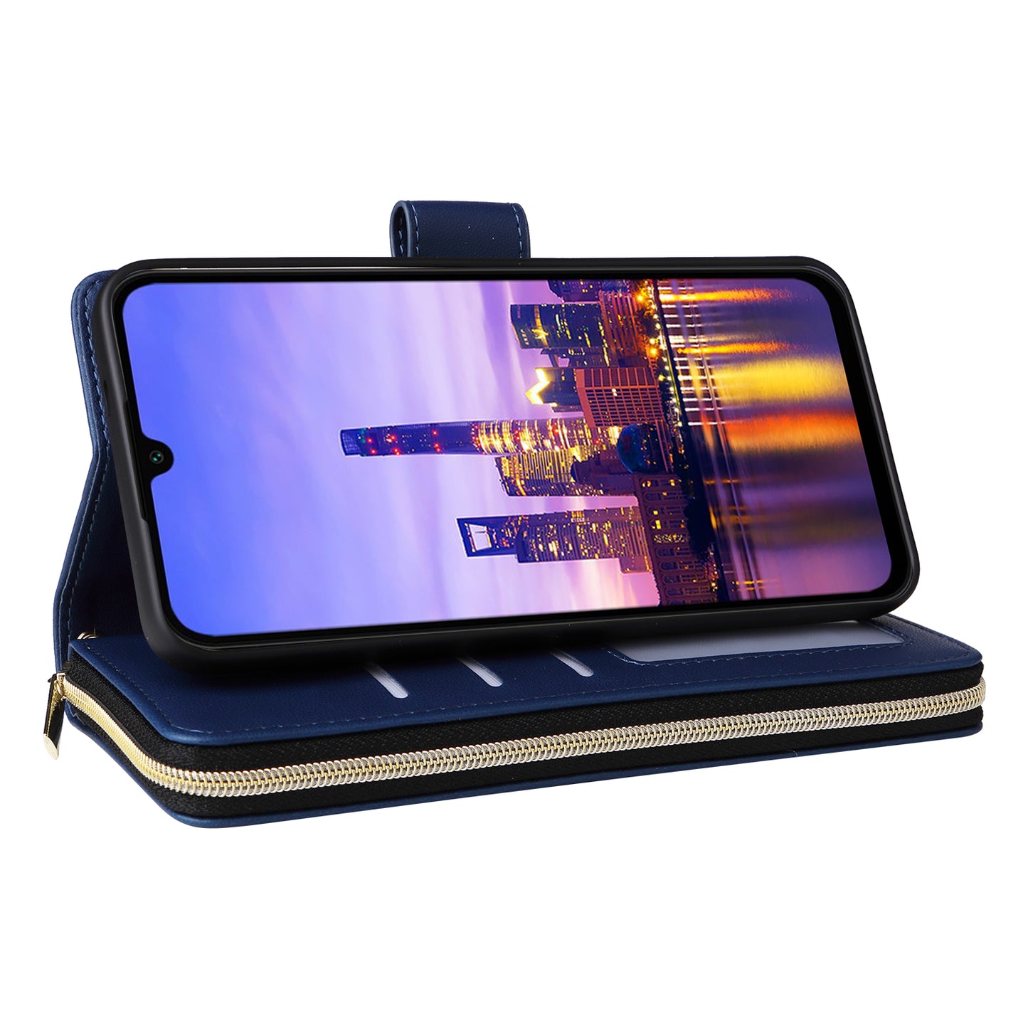 R20 For Samsung Galaxy A16 5G / A16 4G Case Zipper Pocket PU Leather Cover with 9 Card Slots - Blue