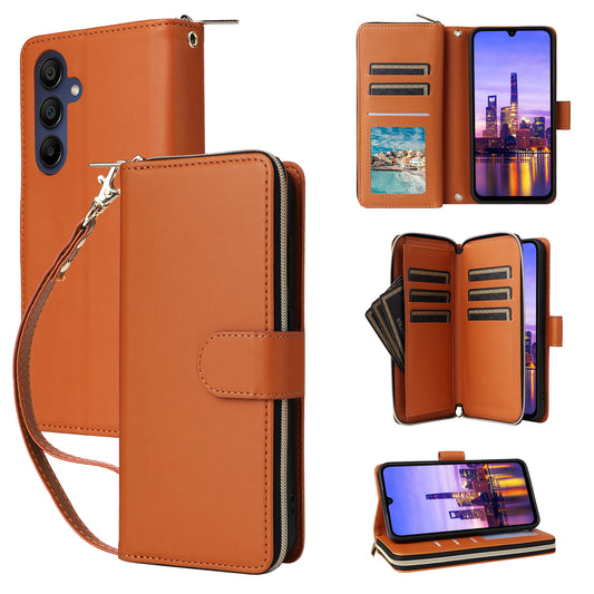 R20 For Samsung Galaxy A16 5G / A16 4G Case Zipper Pocket PU Leather Cover with 9 Card Slots - Brown