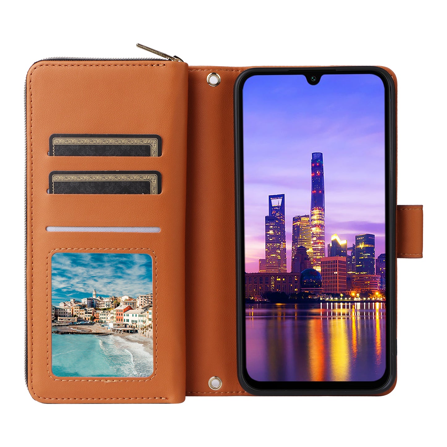 R20 For Samsung Galaxy A16 5G / A16 4G Case Zipper Pocket PU Leather Cover with 9 Card Slots - Brown