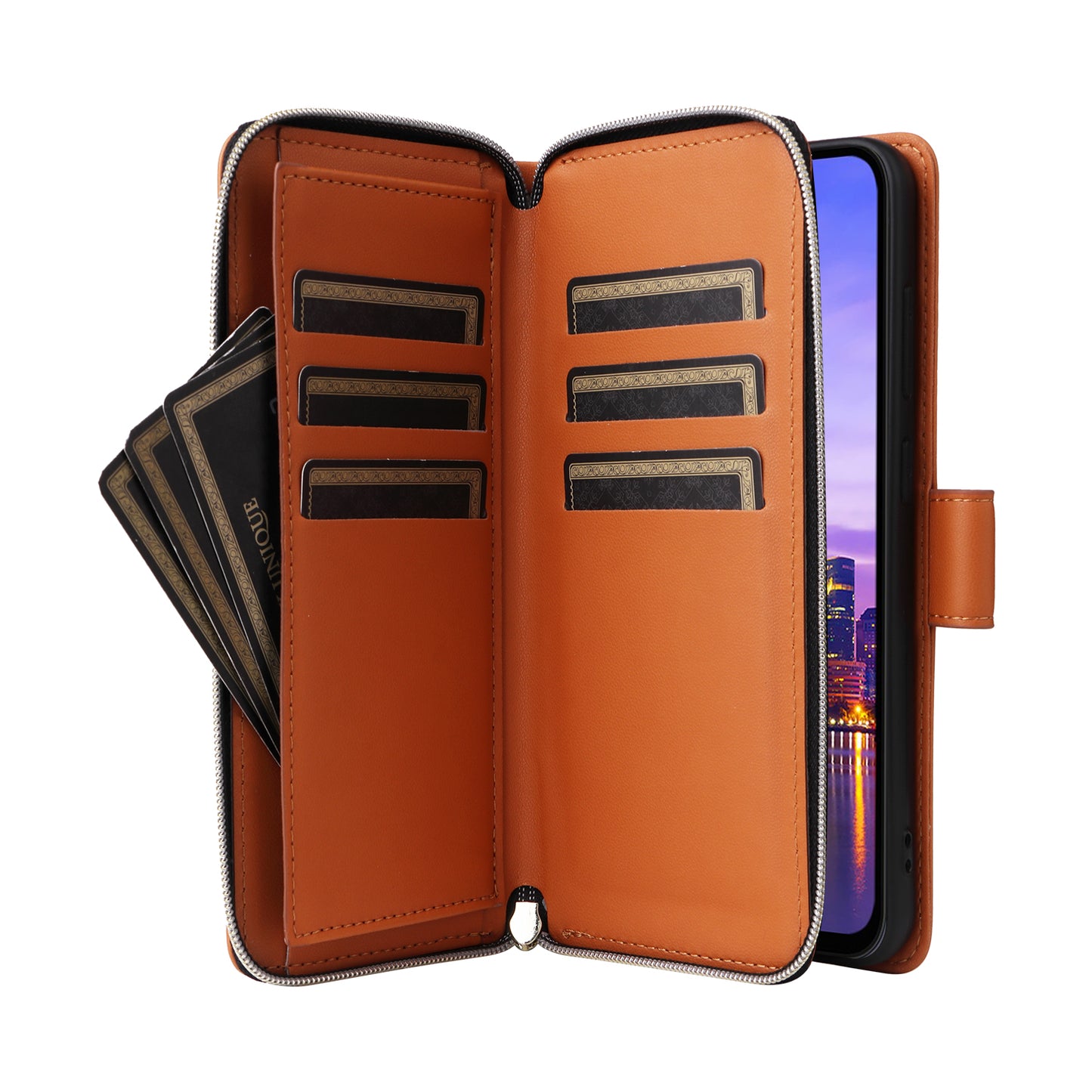 R20 For Samsung Galaxy A16 5G / A16 4G Case Zipper Pocket PU Leather Cover with 9 Card Slots - Brown