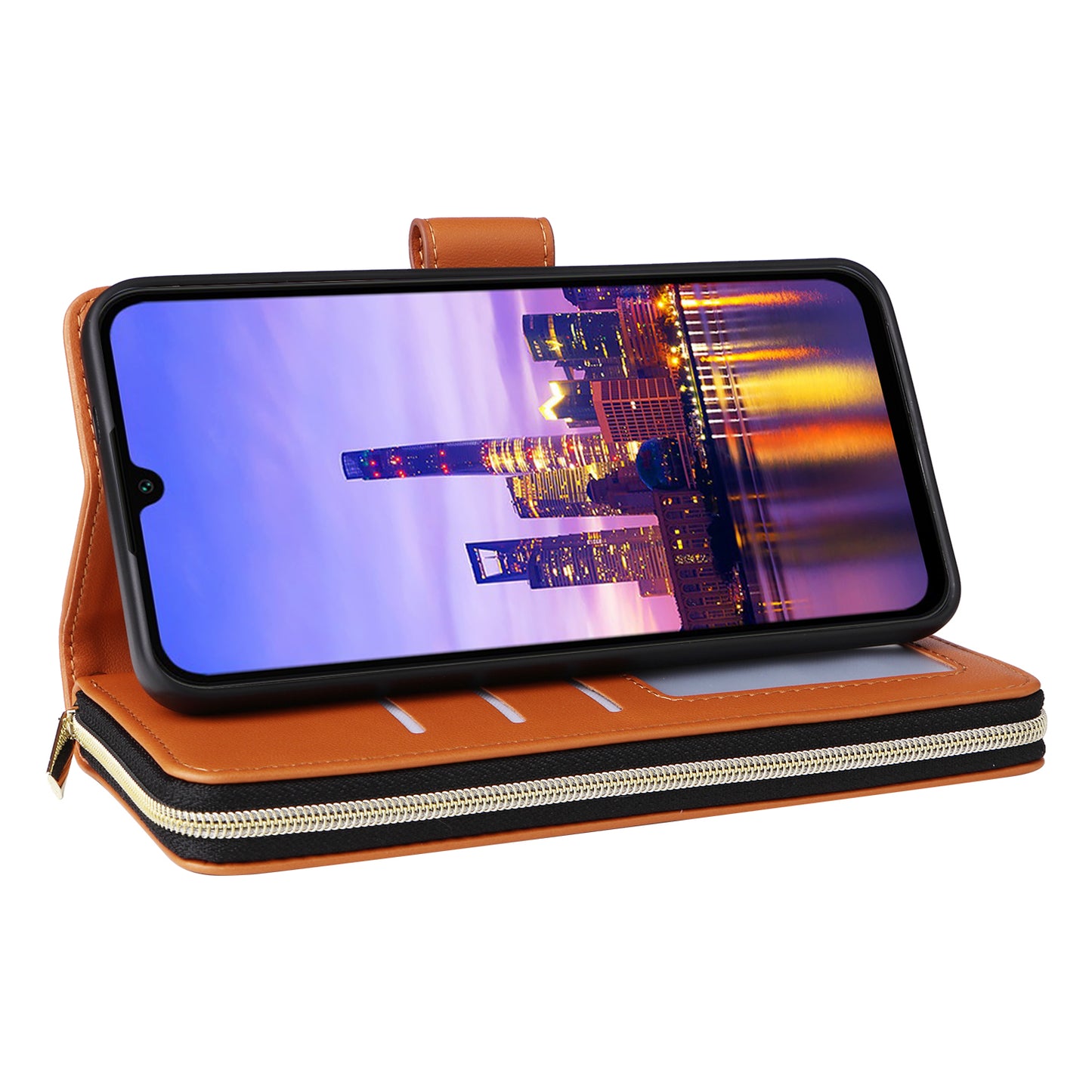 R20 For Samsung Galaxy A16 5G / A16 4G Case Zipper Pocket PU Leather Cover with 9 Card Slots - Brown