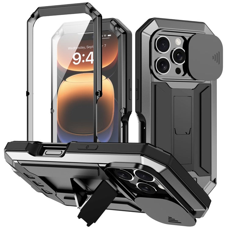 R-JUST For iPhone 16 Pro Kickstand Case Silicone+Metal+PC+Tempered Glass Screen Film Phone Cover -  Black