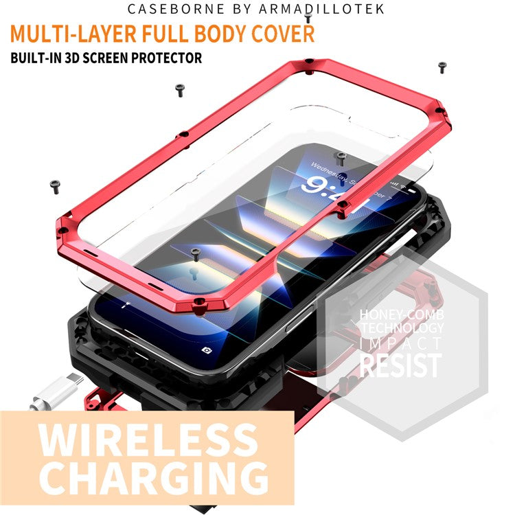 R-JUST For iPhone 16 Plus Kickstand Case Silicone+Metal+PC+Tempered Glass Screen Film Phone Cover - Red