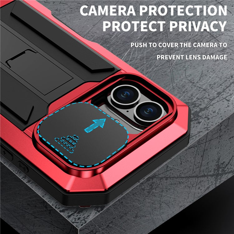 R-JUST For iPhone 16 Plus Kickstand Case Silicone+Metal+PC+Tempered Glass Screen Film Phone Cover - Red