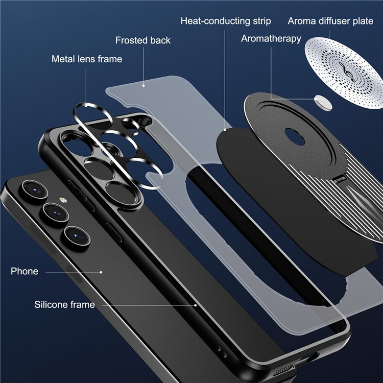 For Samsung Galaxy S24 FE Magnetic Case Heat Dissipation Aromatherapy Kickstand Silicone+PC Phone Cover - Black