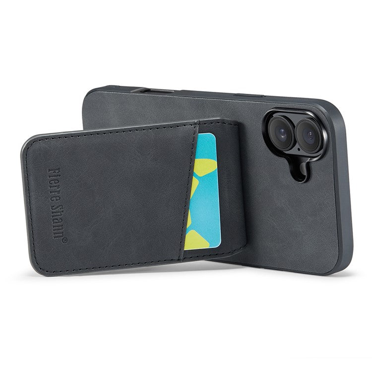 FIERRE SHANN For iPhone 16 Plus Case Card Holder Kickstand Leather RFID Blocking Back Cover - Black