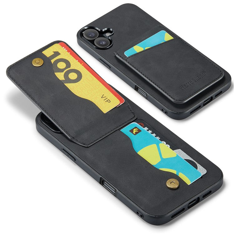FIERRE SHANN For iPhone 16 Plus Case Card Holder Kickstand Leather RFID Blocking Back Cover - Black