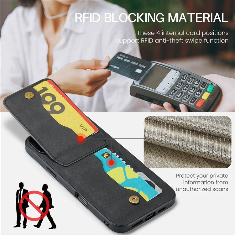 FIERRE SHANN For iPhone 16 Plus Case Card Holder Kickstand Leather RFID Blocking Back Cover - Black