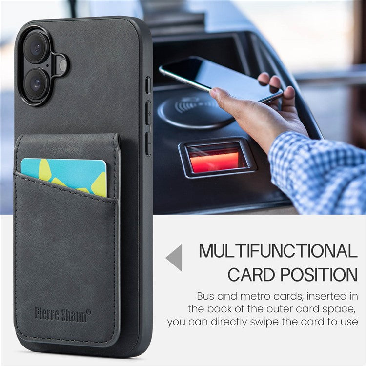 FIERRE SHANN For iPhone 16 Plus Case Card Holder Kickstand Leather RFID Blocking Back Cover - Black
