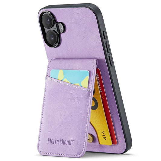 FIERRE SHANN For iPhone 16 Plus Case Card Holder Kickstand Leather RFID Blocking Back Cover - Purple
