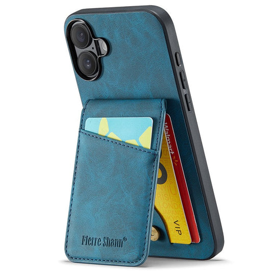FIERRE SHANN For iPhone 16 Plus Case Card Holder Kickstand Leather RFID Blocking Back Cover - Blue
