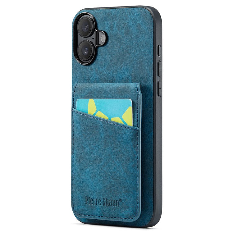 FIERRE SHANN For iPhone 16 Plus Case Card Holder Kickstand Leather RFID Blocking Back Cover - Blue