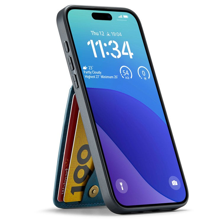 FIERRE SHANN For iPhone 16 Plus Case Card Holder Kickstand Leather RFID Blocking Back Cover - Blue