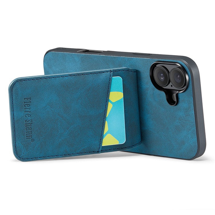 FIERRE SHANN For iPhone 16 Plus Case Card Holder Kickstand Leather RFID Blocking Back Cover - Blue