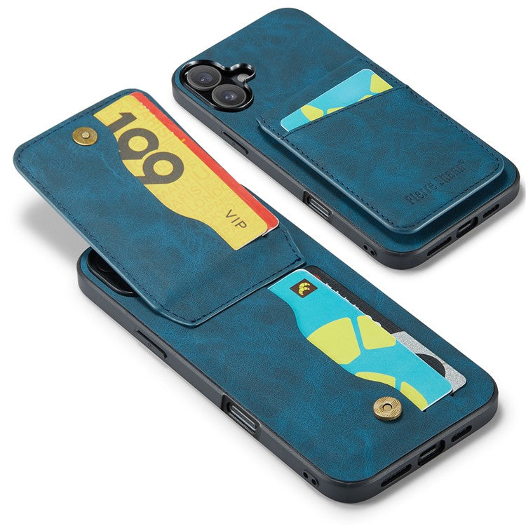 FIERRE SHANN For iPhone 16 Plus Case Card Holder Kickstand Leather RFID Blocking Back Cover - Blue