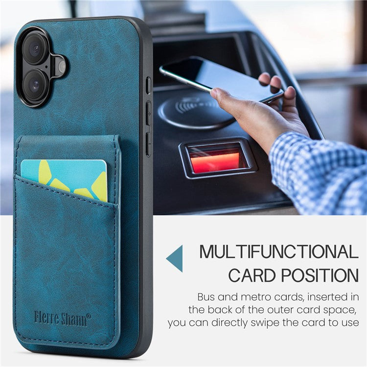 FIERRE SHANN For iPhone 16 Plus Case Card Holder Kickstand Leather RFID Blocking Back Cover - Blue