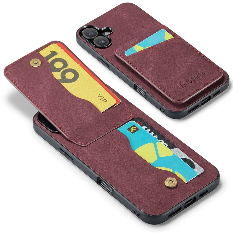 FIERRE SHANN For iPhone 16 Case Card Holder Kickstand Leather RFID Blocking Back Cover - Wine Red