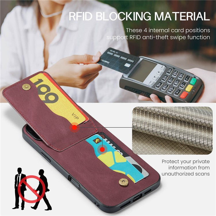 FIERRE SHANN For iPhone 16 Case Card Holder Kickstand Leather RFID Blocking Back Cover - Wine Red
