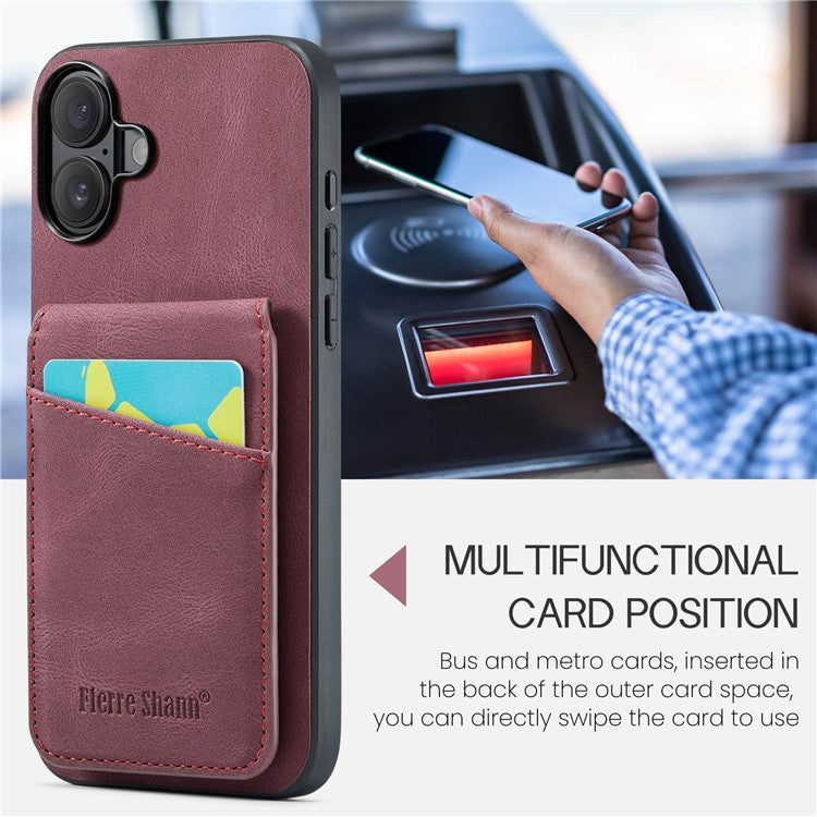 FIERRE SHANN For iPhone 16 Case Card Holder Kickstand Leather RFID Blocking Back Cover - Wine Red