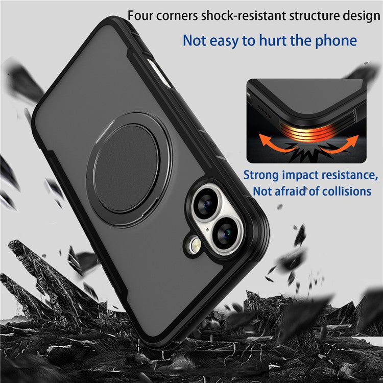 Thunder 3 Series For iPhone 16 Case Rotating Magnetic Kickstand PC+TPU Matte Phone Cover - Grey