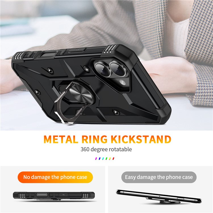 For iPhone 16 Case PC+ TPU Anti-Drop Phone Cover with Ring Kickstand - Black